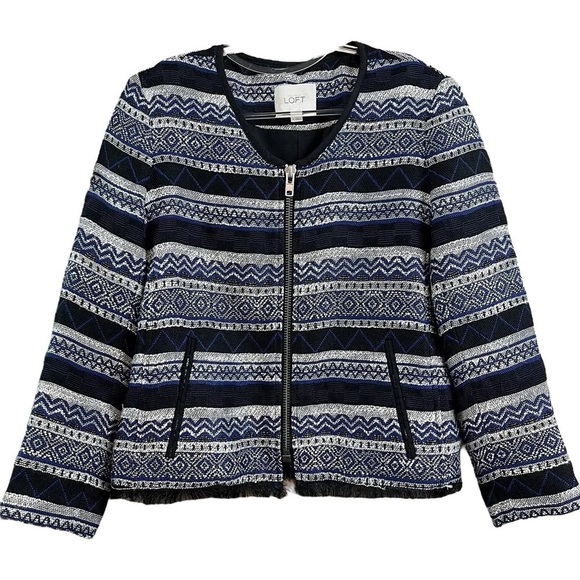 Ann Taylor LOFT Tweed Fringe Southwest Aztec Zip Jacket Navy Blue Black Size 4 - Picture 1 of 8